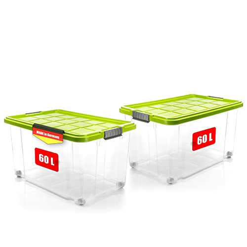BigDean 2 Stück 60 L Aufbewahrungsbox mit Deckel groß limegrün - stapelbare robuste Box- rollbare Stapelbox mit festen Klickverschlüssen - Made in Germany von BigDean