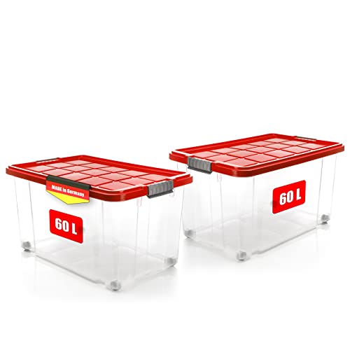 BigDean 2 Stück 60 L Aufbewahrungsbox mit Deckel groß rot - stapelbare robuste Box BPA-frei - rollbare Stapelbox mit festen Klickverschlüssen - Made in Germany BigDean 2 Stück 60 L Aufbewahrungsbox mit Deckel groß rot - stapelbare robuste Box BPA-frei - rollbare Stapelbox mit festen Klickverschlüssen - Made in Germany von BigDean