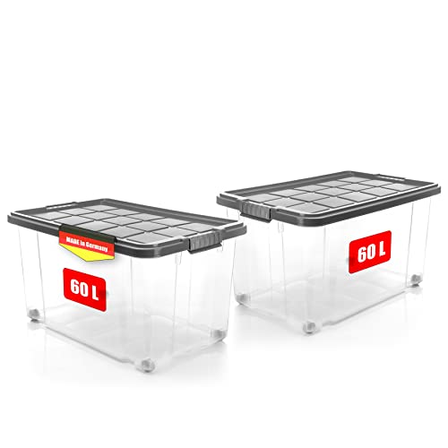 BigDean 2 Stück 60 L Aufbewahrungsbox mit Deckel groß stahlgrau - stapelbare robuste Box rollbare Stapelbox mit festen Klickverschlüssen - Made in Germany von BigDean