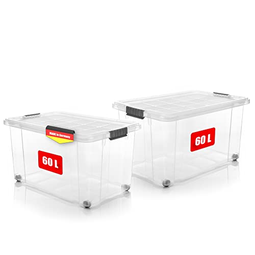 BigDean 2 Stück 60 L Aufbewahrungsbox mit Deckel groß transparent - stapelbare robuste Box - BPA-frei & lebensmittelecht - rollbare Stapelbox mit festen Klickverschlüssen - Made in Germany von BigDean