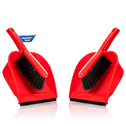 BigDean 2 Stück Kehrschaufel Set in Rot – Handfeger mit stabilen + robusten Borsten und Schaufel – Kehrblech aus hochwertigem Kunststoff – Haushalts Besen Kehrset – Made in Europa von BigDean