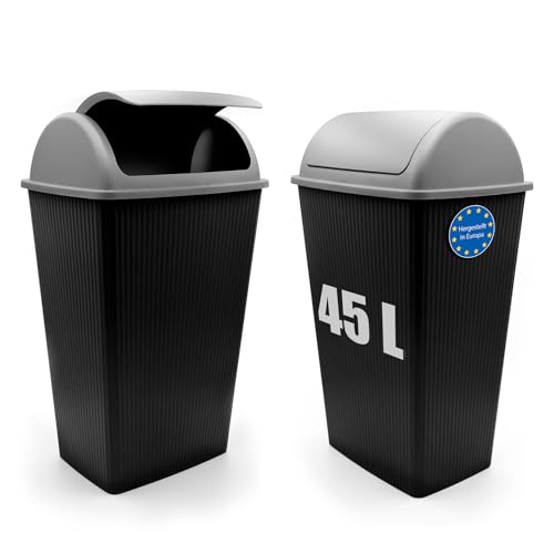 BigDean 2 Stück Mülleimer mit Schwingdeckel 45 L Anthrazit – Abfalleimer für die Küche & Büro – Müllbehälter aus robustem & geruchsdichtem Kunststoff – Made in Europe von BigDean