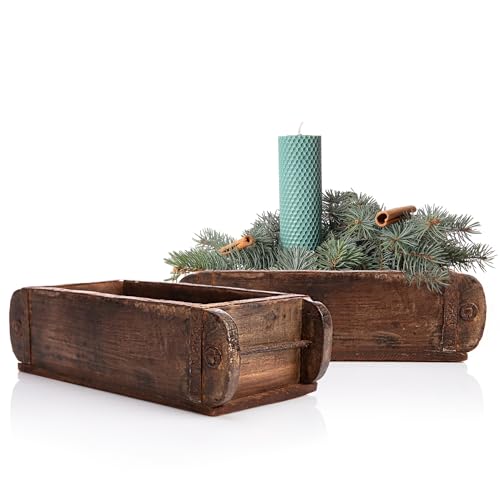 BigDean 2 Stück Ziegelform in Braun 32x14,5x9cm (LxBxH) – rustikale Vintage Ordnungsbox mit Metallbeschlägen aus Echtholz – Deko Holzkiste gefertigt aus Altholz – jedes Stück EIN Unikat von BigDean