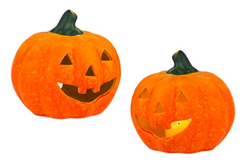 BigDean 2er Set Halloween-Kürbis Windlicht groß - HxD: ca. 13x14 cm - Zierkürbis als Herbstdeko - Aus Keramik - Mit Öffnung für Teelichter - Mottoparty-Deko von BigDean