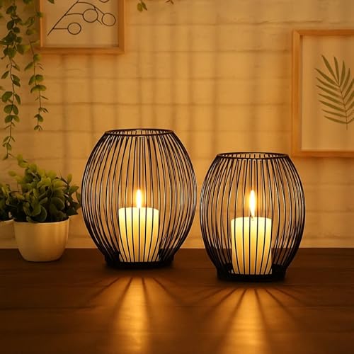 BigDean 2er Set Kerzenständer schwarz Metall – oval 14x16cm & 16x18cm groß – Stumpenkerzen Kerzenhalter Windlicht – Deko für Wohnzimmer Weihnachten von BigDean