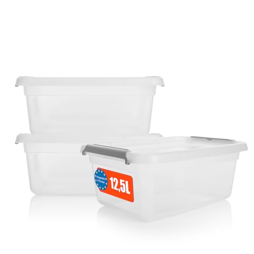 BigDean 3 Stück 12,5 L Aufbewahrungsbox mit Deckel transparent– stapelbare robuste Aufbewahrungsbox – Aufbewahrungsboxen mit Klickverschluss von BigDean