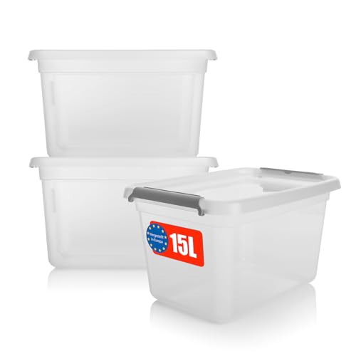 BigDean 3 Stück 15 L Aufbewahrungsbox mit Deckel transparent BPA- frei & lebensmittelecht – stapelbare robuste Aufbewahrungsbox – Aufbewahrungsboxen mit Klickverschluss von BigDean