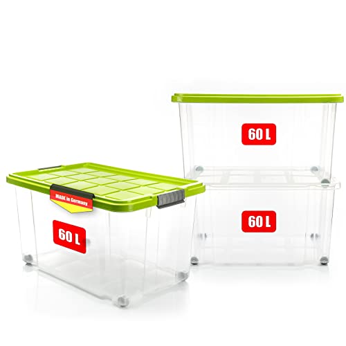 BigDean 3 Stück 60 L Aufbewahrungsbox mit Deckel groß limegrün - stapelbare robuste Box - rollbare Stapelbox mit festen Klickverschlüssen - Made in Germany von BigDean