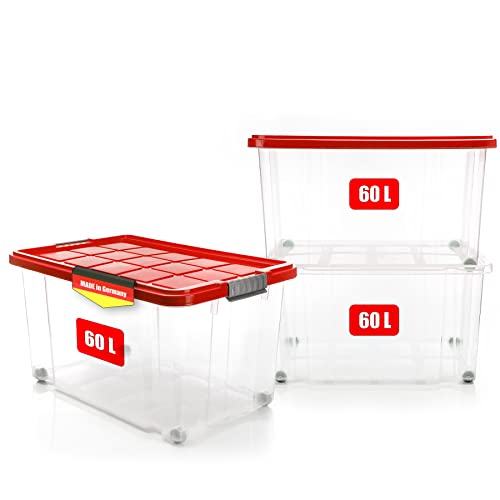 BigDean 3 Stück 60 L Aufbewahrungsbox mit Deckel groß rot - stapelbare robuste Box BPA-frei - rollbare Stapelbox mit festen Klickverschlüssen - Made in Germany BigDean 3 Stück 60 L Aufbewahrungsbox mit Deckel groß rot - stapelbare robuste Box BPA-frei - rollbare Stapelbox mit festen Klickverschlüssen - Made in Germany von BigDean