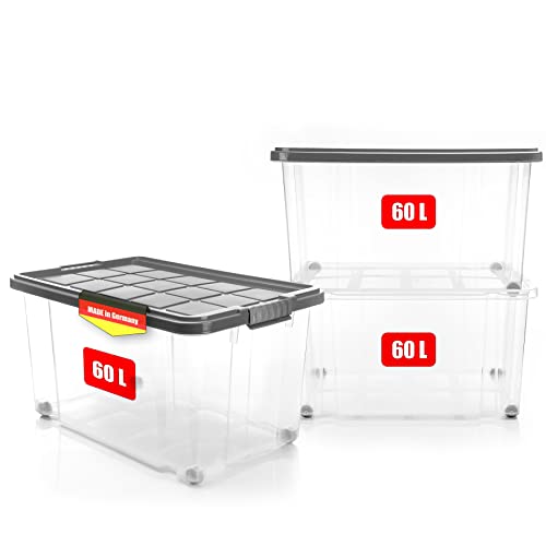 BigDean 3 Stück 60 L Aufbewahrungsbox mit Deckel groß stahlgrau - stapelbare robuste Box rollbare Stapelbox mit festen Klickverschlüssen - Made in Germany von BigDean