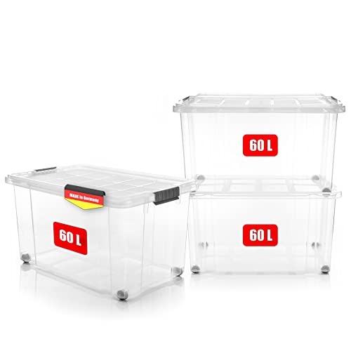 BigDean 3 Stück 60 L Aufbewahrungsbox mit Deckel groß transparent - stapelbare robuste Box BPA-frei - rollbare Stapelbox mit festen Klickverschlüssen - Made in Germany BigDean 3 Stück 60 L Aufbewahrungsbox mit Deckel groß transparent - stapelbare robuste Box BPA-frei - rollbare Stapelbox mit festen Klickverschlüssen - Made in Germany von BigDean