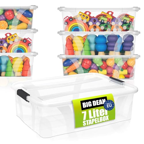 BigDean 3 Stück Aufbewahrungsbox mit Deckel 7 L flach und Transparent – Aufbewahrungsbox stapelbar & Made in Europe von BigDean