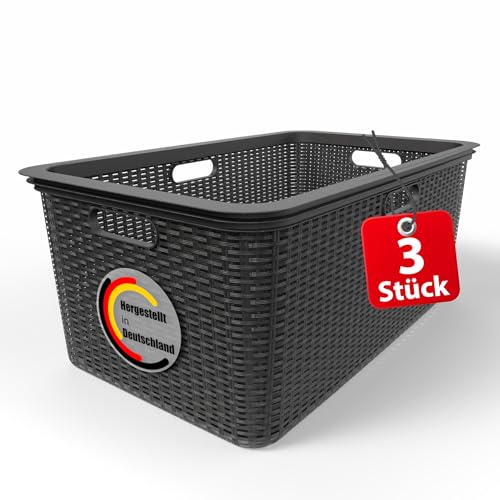 BigDean 3 Stück Wäschekorb 59x39x26 cm Rattan Design – Wäschewanne Made in Germany von BigDean