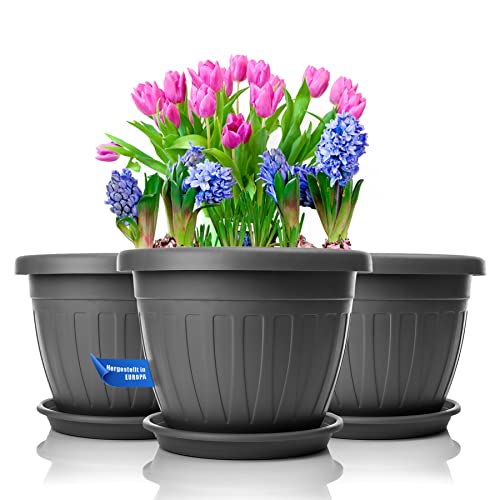 BigDean 3X Blumentopf mit Untersetzer rund ø33xH25 cm anthrazit - wetterfester Pflanzkübel - Wasserablauf UV-beständig aus bruchsicherem Kunststoff - Innen + Außen geeignet - Made in Europe von BigDean