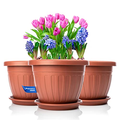 BigDean 3X Blumentopf mit Untersetzer rund ø33xH25 cm Terracotta - wetterfester Pflanzkübel - Wasserablauf UV-beständig aus bruchsicherem Kunststoff - Innen + Außen geeignet - Made in Europe von BigDean