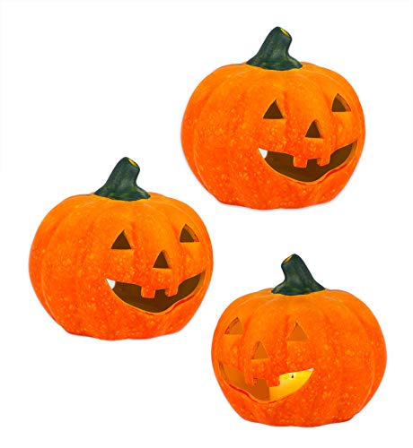 BigDean 3er Set Halloween-Kürbis Windlicht groß - HxD: ca. 13x14 cm - Zierkürbis als Herbstdeko - Aus Keramik - Mit Öffnung für Teelichter - Mottoparty-Deko von BigDean