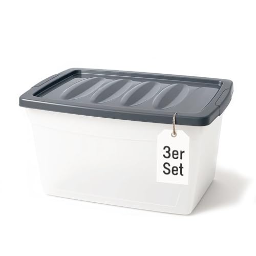 BigDean 3x 60 L Aufbewahrungsbox mit Deckel groß Budget Line Plastikbox mit Deckel von BigDean