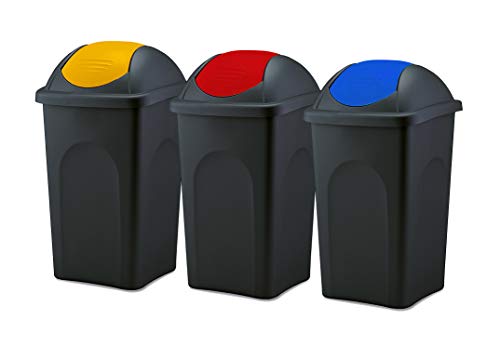 BigDean 3x Mülleimer groß 60L - schwarz - mit Schwingdeckel gelb, rot & blau - aus Kunststoff - Müllsammler Abfalleimer Mülltonne Abfallbehälter - Made in Italy von BigDean