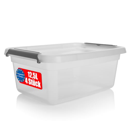BigDean 4 Stück 12,5 L Aufbewahrungsbox mit Deckel transparent – stapelbare robuste Aufbewahrungsbox – Aufbewahrungsboxen mit Klickverschluss von BigDean