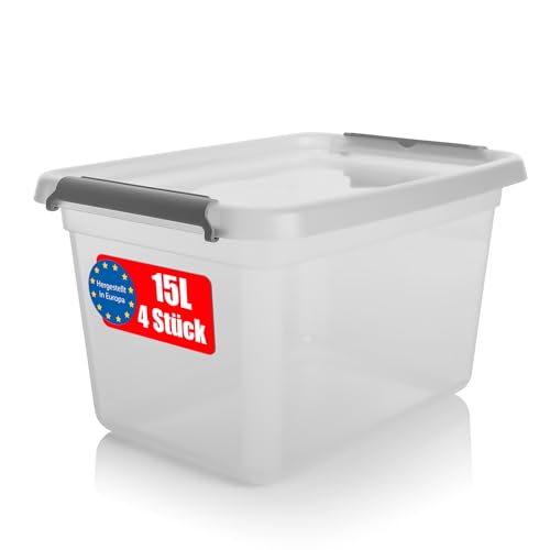 BigDean 4 Stück 15 L Aufbewahrungsbox mit Deckel transparent BPA- frei & lebensmittelecht – stapelbare robuste Aufbewahrungsbox – Aufbewahrungsboxen mit Klickverschluss von BigDean