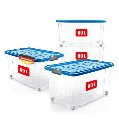 BigDean 4 Stück 60 L Aufbewahrungsbox mit Deckel groß azurblau - stapelbare robuste Box - BPA-frei & lebensmittelecht - rollbare Stapelbox mit festen Klickverschlüssen - Made in Germany von BigDean