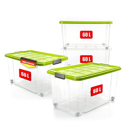 BigDean 4 Stück 60 L Aufbewahrungsbox mit Deckel groß limegrün - stapelbare robuste Box - rollbare Stapelbox mit festen Klickverschlüssen - Made in Germany von BigDean