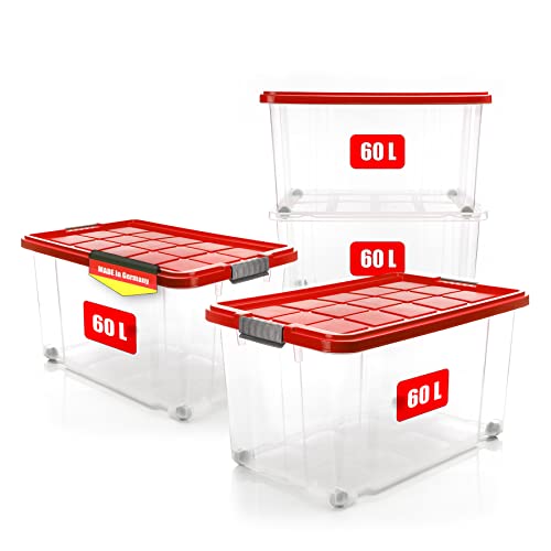 BigDean 4 Stück 60 L Aufbewahrungsbox mit Deckel groß rot - stapelbare robuste Box BPA-frei - rollbare Stapelbox mit festen Klickverschlüssen - Made in Germany BigDean 4 Stück 60 L Aufbewahrungsbox mit Deckel groß rot - stapelbare robuste Box BPA-frei - rollbare Stapelbox mit festen Klickverschlüssen - Made in Germany von BigDean