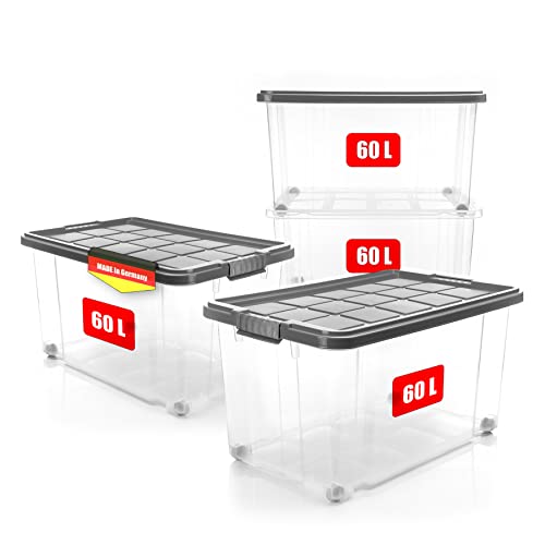 BigDean 4 Stück 60 L Aufbewahrungsbox mit Deckel groß stahlgrau - stapelbare robuste Box - rollbare Stapelbox mit festen Klickverschlüssen - Made in Germany von BigDean