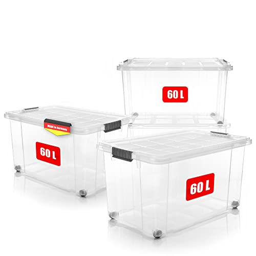 BigDean 4 Stück 60 L Aufbewahrungsbox mit Deckel groß transparent - stapelbare robuste Box - BPA-frei & lebensmittelecht - rollbare Stapelbox mit festen Klickverschlüssen - Made in Germany von BigDean