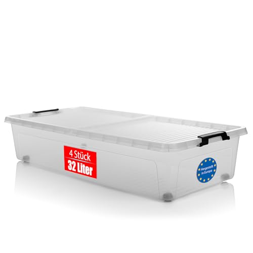BigDean 4 Stück Unterbett Aufbewahrungsbox 32 L luftdicht & mit Rollen aus widerstandsfähigem Kunststoff – Unterbettkommode für Kleidung, Spielzeug u.v.m – Aufbewahrungsbox Made in Europe von BigDean