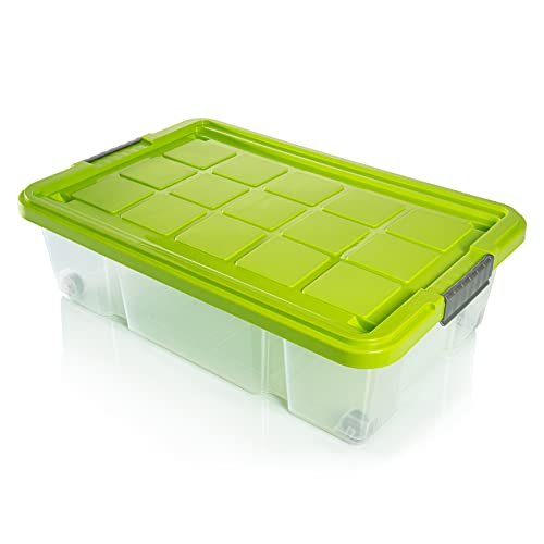 BigDean 4X Unterbettkommode Aufbewahrungsbox mit Deckel 25L limegrün 60x40x17,5cm - mit Rollen + Clipverschluss nestbar - Eurobox Aufbewahrungsbox Storage Box Bettkasten - Made in Germany von BigDean