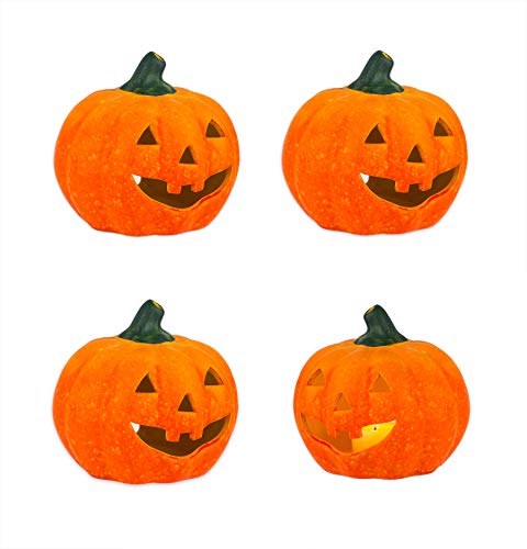 BigDean 4er Set Halloween-Kürbis Windlicht groß - HxD: ca. 13x14 cm - Zierkürbis als Herbstdeko - Aus Keramik - Mit Öffnung für Teelichter - Mottoparty-Deko von BigDean