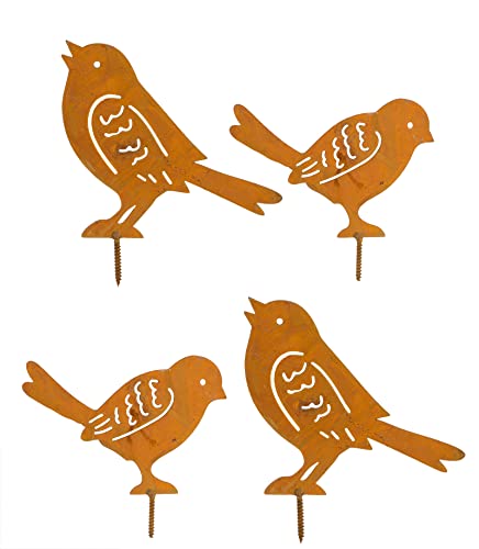 BigDean 4er Set Vogel Gartenstecker im Edelrost Design – Zaundekoration aus Metall – 2 x 2 Vögel Rostdeko zum Schrauben in groß und klein von BigDean