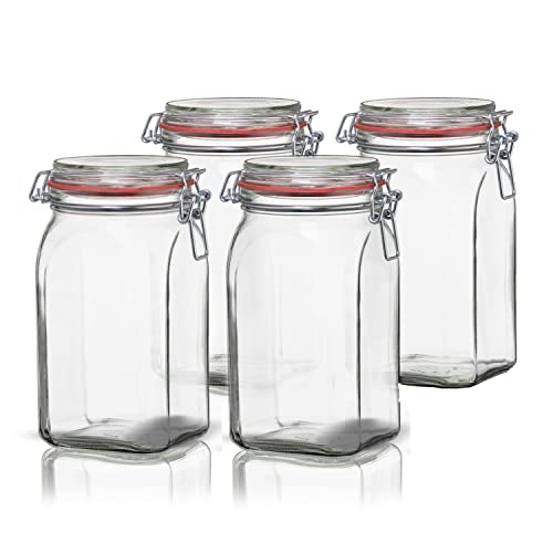 BigDean 4er Set Vorratsgläser 1,1L - Einmachgläser mit Deckel & Bügelverschluss - Made in Germany - Drahtbügelgläser zum luftdichten Aufbewahren, Einlegen & Einkochen - Glas, eckig von BigDean