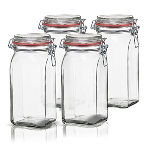 BigDean 4er Set Vorratsgläser 1,5L - Einmachgläser mit Bügelverschluss - Made in Germany - Drahtbügelgläser zum luftdichten Aufbewahren, Einlegen & Einkochen - Glas, eckig von BigDean