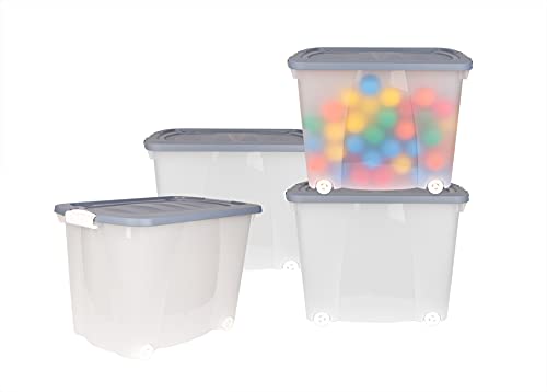 BigDean 4er Set XXL Aufbewahrungsbox mit Deckel & Rollen - 100% recyceltes Plastik - Made in Germany - 60x38x43 cm - Pastellblau - Mobile Rollenbox - 60 Liter von BigDean