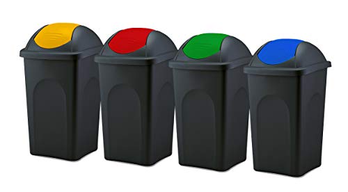 BigDean 4x Mülleimer groß 60L - schwarz - mit Schwingdeckel grün, rot, blau & gelb - aus Kunststoff - Müllsammler Abfalleimer Mülltonne Abfallbehälter - Made in Italy von BigDean
