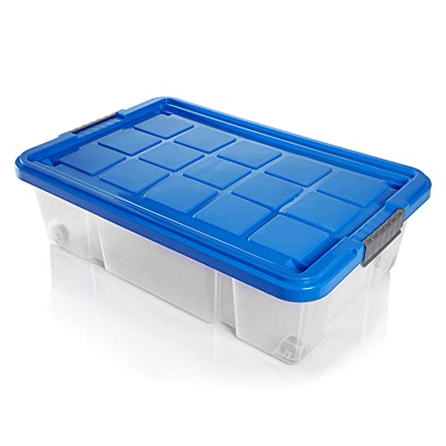 BigDean 4x Unterbettkommode Aufbewahrungsbox mit Deckel 25L azurblau 60x40x17,5cm - mit Rollen + Clipverschluss nestbar - Eurobox Aufbewahrungsbox Storage Box Bettkasten - Made in Germany von BigDean