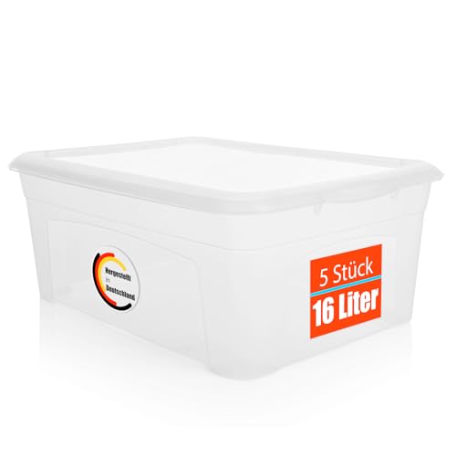 BigDean 5 Stück Aufbewahrungsbox mit Deckel 16L robust & stapelbar Plastikbox transparent Made in Germany von BigDean