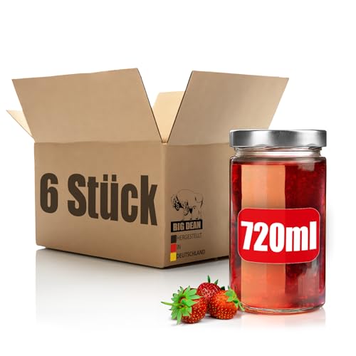 BigDean 6 Stück 720ml Einmachgläser mit silbernem Schraubdeckel – luftdichte Marmeladengläser dank Dichtungsring – Einkochgläser – Vorratsdosen Twist Off 82mm Deckel – Made in Germany BigDean 6 Stück 720ml Einmachgläser mit silbernem Schraubdeckel – luftdichte Marmeladengläser dank Dichtungsring – Einkochgläser – Vorratsdosen Twist Off 82mm Deckel – Made in Germany von BigDean