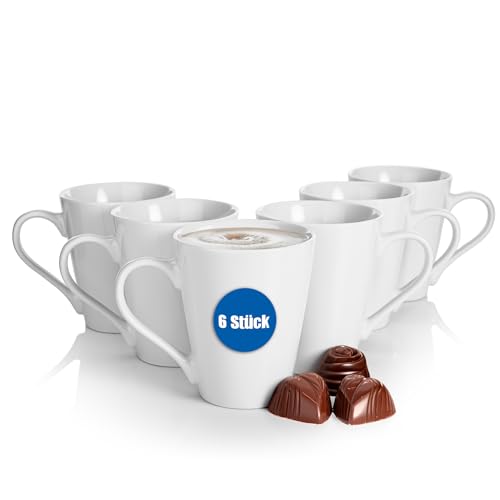 BigDean 6 Stück moderne Kaffeebecher weiß 280ml aus hochwertigem & echtem Porzellan - spülmaschinenfest kratzfest stoßfest - Tassen zum Bemalen - Kaffeetassen Set groß mit Henkel von BigDean