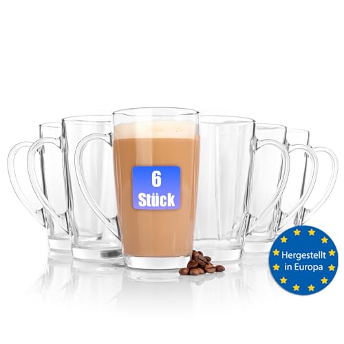 BigDean 6 Stück große Latte Macchiato Gläser mit Henkel 400 ml spülmaschinenfest - hochwertige Kaffeegläser Teegläser Teetasse Cappuccino Gläser - stabiles Gläser Set Made in Europe von BigDean