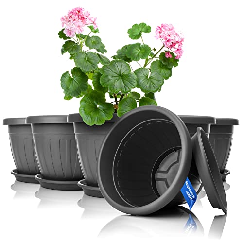 BigDean 6X Blumentopf mit Untersetzer rund ø28xH20 cm anthrazit - wetterfester Pflanzkübel - Wasserablauf UV-beständig aus bruchsicherem Kunststoff - Innen + Außen geeignet - Made in Europe von BigDean