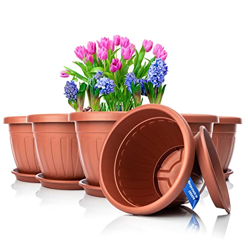 BigDean 6X Blumentopf mit Untersetzer rund ø33xH25 cm Terracotta - wetterfester Pflanzkübel - Wasserablauf UV-beständig aus bruchsicherem Kunststoff - Innen + Außen geeignet - Made in Europe von BigDean