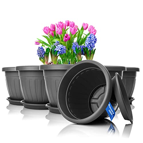 BigDean 6X Blumentopf mit Untersetzer rund ø33xH25 cm anthrazit - wetterfester Pflanzkübel - Wasserablauf UV-beständig aus bruchsicherem Kunststoff - Innen + Außen geeignet - Made in Europe von BigDean