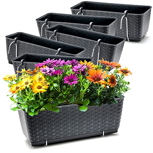 BigDean 6er Set Blumenkästen für Balkon-Geländer - Rattan-Optik - Anthrazit - Balkonkästen mit Metall-Halterung - 39 x 15,5 x 14 cm - inkl. Bewässerungssystem von BigDean