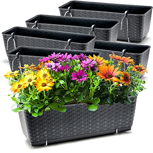 BigDean 6er Set Blumenkästen für Balkon-Geländer - Rattan-Optik - Anthrazit - Balkonkästen mit Metall-Halterungen - 49 x 17 x 17 cm - inkl. Bewässerungssystem von BigDean