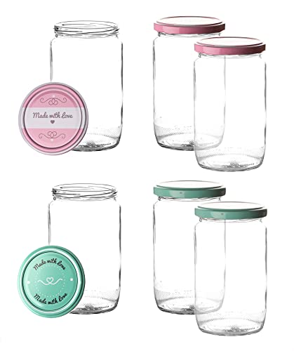 BigDean 6er Set Einmachgläser mit Deckel in rosa und pastell-grün in made with love Stil - 720ml groß - Sturzgläser Marmeladenglas von BigDean