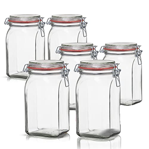 BigDean 6er Set Vorratsgläser 1,1L - Einmachgläser mit Deckel & Bügelverschluss - Made in Germany - Drahtbügelgläser zum luftdichten Aufbewahren, Einlegen & Einkochen - Glas, eckig von BigDean