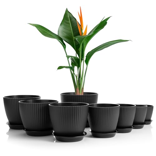 BigDean 8er Set Blumentopf in 8 verschiedenen Größen mit passenden Untersetzer Anthrazit – hochwertiger & wetterfester Pflanztopf – perfekt für Innen- & Außenbereich geeignet von BigDean